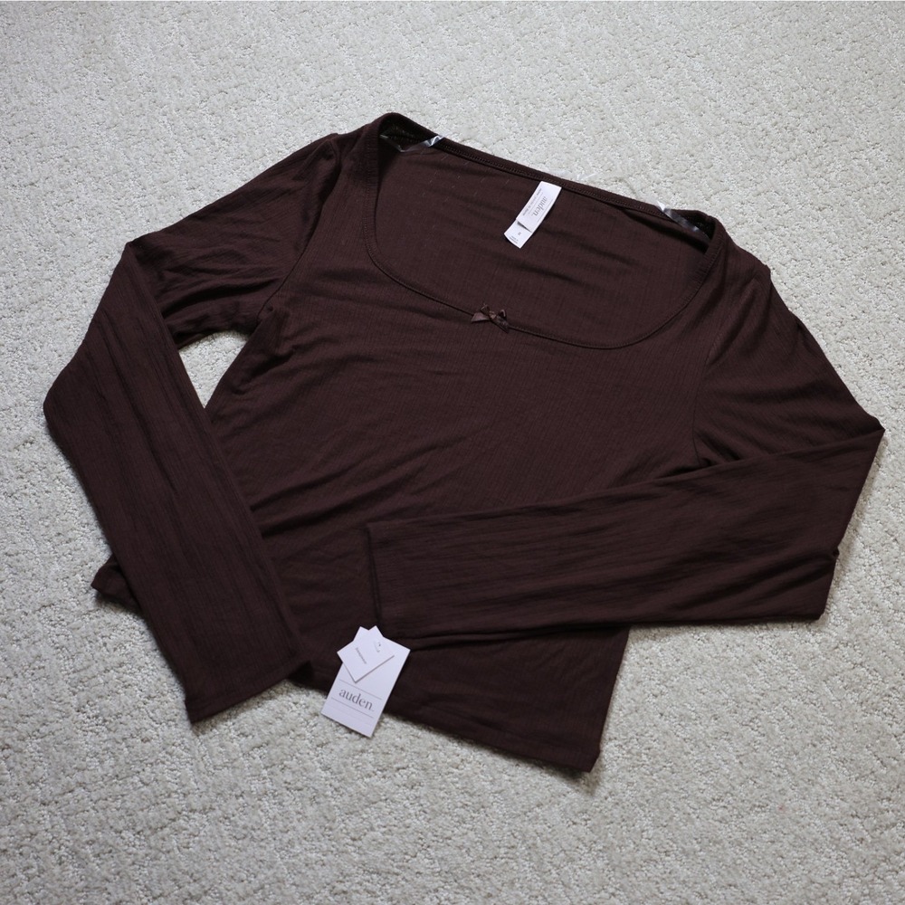 Auden Womens Brown Ribbed Long Sleeve Scoop Neck Pajama Sleep Top Size M NWT